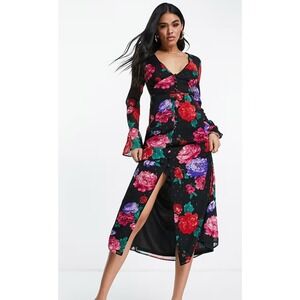 ASOS DESIGN Floral Maxi Dress US 14 Black Metallic tea Bell Sleeve V-Neck Button